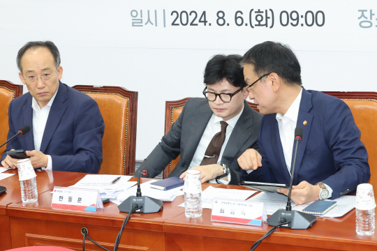 한동훈(가운데) 국민의힘 대표가 최상목 경제부총리 겸 기획재정부 장관과  6일 오전 국회에서 '티몬·위메프 사태' 추가 대책과 제도개선 방향을 논의하기 위해 열린 당정협의회에서 대화하고 있다. [연합뉴스 제공]